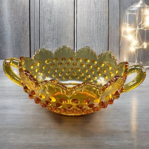 Fenton Amber Glass Hobnail Oval With Handles Dish Bowl Glassware Container Decor - Picture 1 of 13
